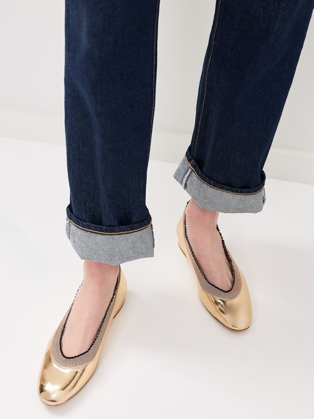 Ulla Johnson Metallic Gold Ballet Flats with Taupe Trim and Black Braid
